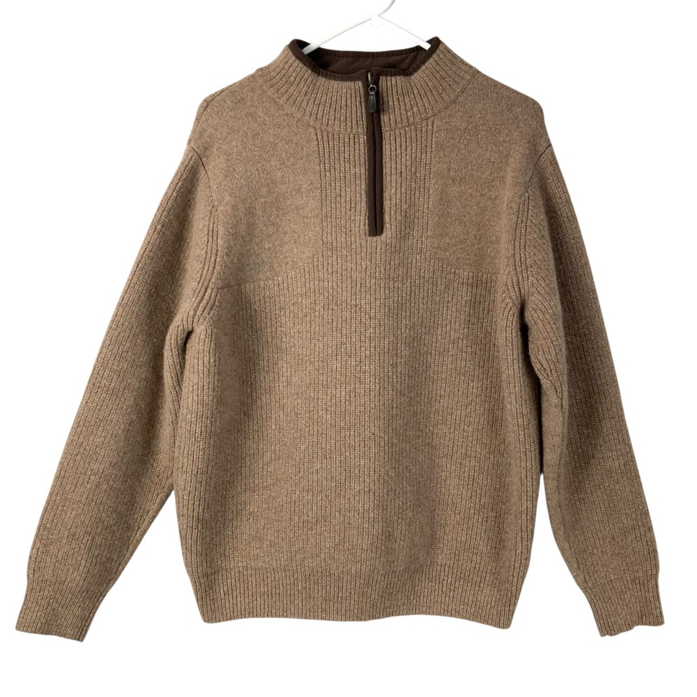 L.L. Bean Brown Merino Lambswool Sweater L Quarter Zip Mock Neck Ribbed